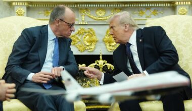 A photo of Merz and Trump speaking to each other.