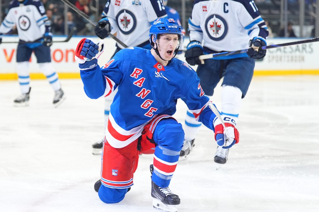 Tye Kartye #24 of the Rangers celebrates after he scores during the second period against the Jets on March 22, 2026.