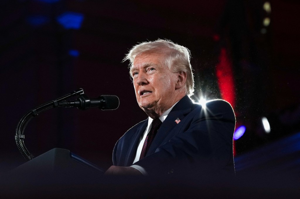 U.S. President Donald Trump speaking at the National Republican Congressional Committee annual fundraising dinner.