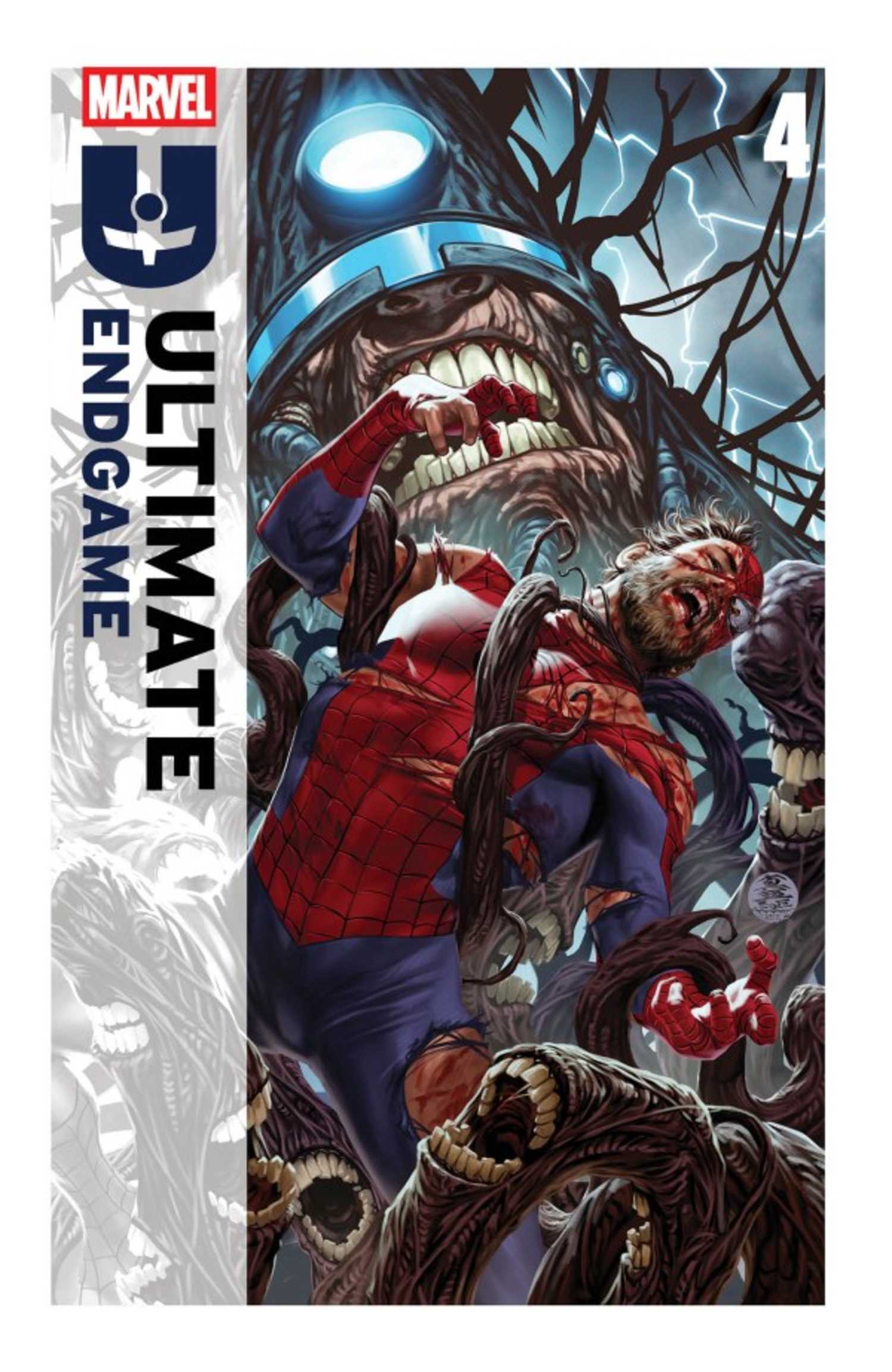 Ultimate Endgame #4 cover, Spider-Man in the clutches of the Maker