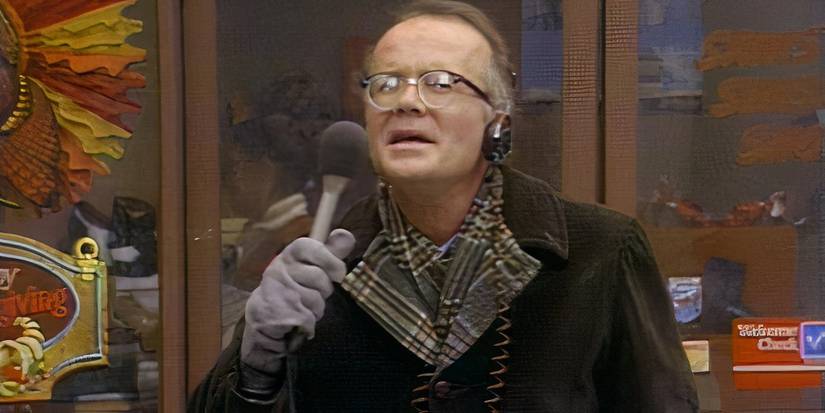Les Nessman giving a report on the turkeys falling from the sky in the WKRP in Cincinnati episode “Turkeys Away.”