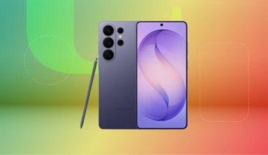 Black Samsung Galaxy S26 with S-pen against green, yellow and red CNET background.