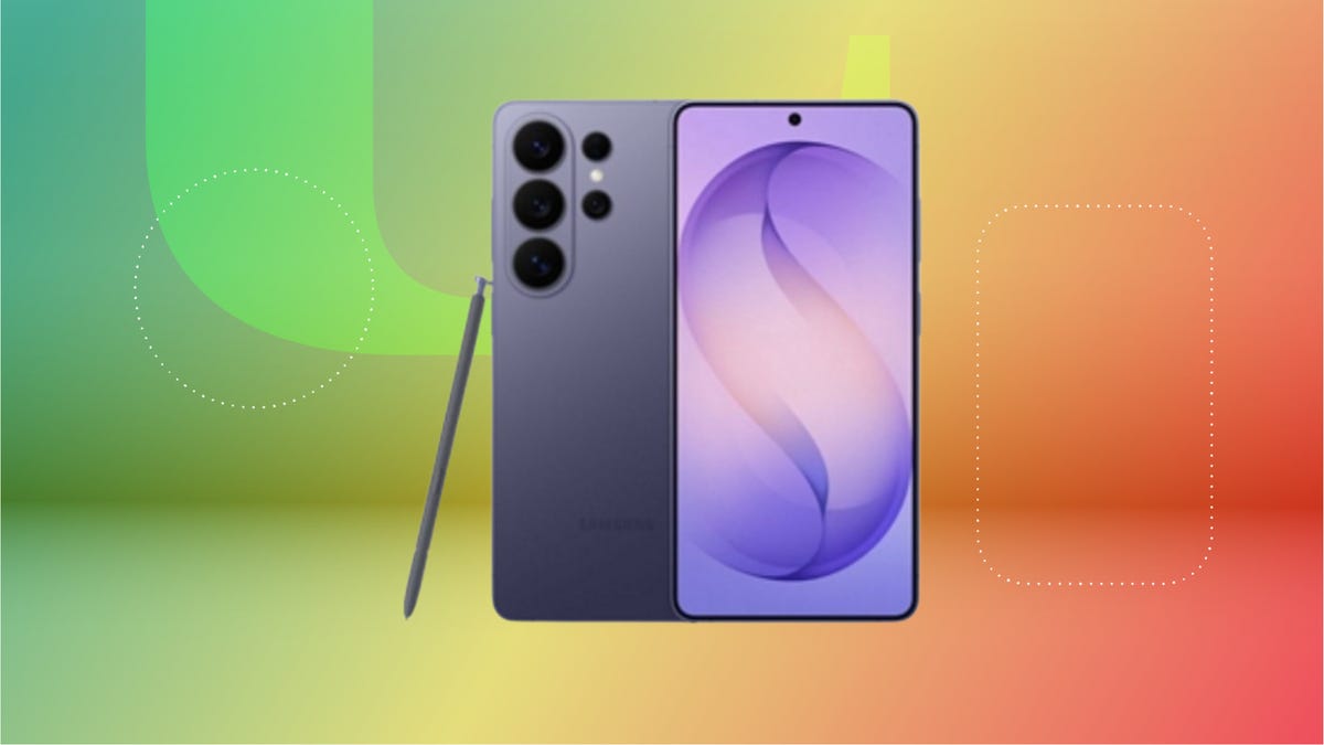 Black Samsung Galaxy S26 with S-pen against green, yellow and red CNET background.