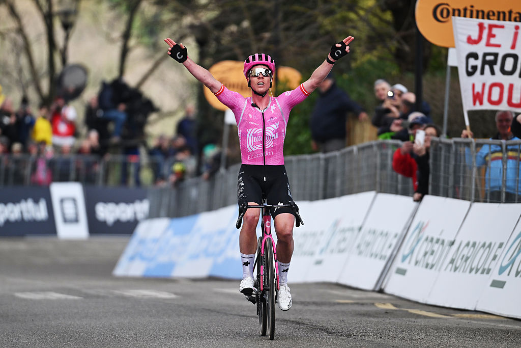 MOMBAROCCIO, ITALY - MARCH 13: Michael Valgren of Denmark and Team EF Education - EasyPost celebrates at finish line as stage winner during the 61st Tirreno-Adriatico 2026, Stage 5 a 184km stage from Marotta-Mondolfo to Mombaroccio 309m / #UCIWT / on March 13, 2026 in Mombaroccio, Italy. (Photo by Tim de Waele/Getty Images)