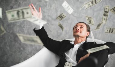 Person in a tuxedo sitting in a bathtub amid flying currency notes.