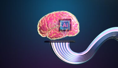 A brain with an AI chip in it and a ribbon cable going into the bottom of it.