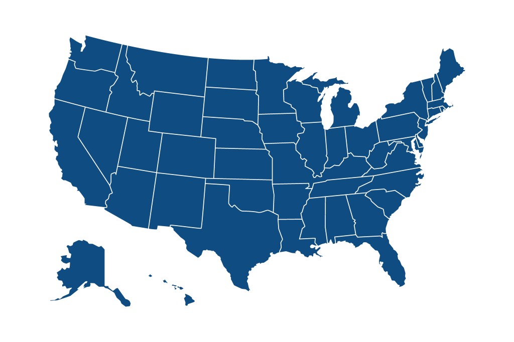 Illustration of a blue map of the United States, including Alaska and Hawaii, with white outlines showing individual state borders.