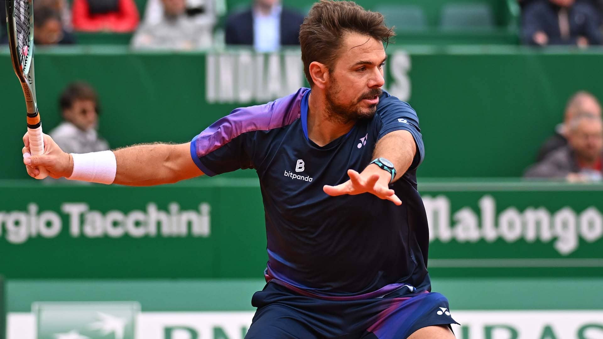 Stan Wawrinka in action at the 2025 Rolex Monte-Carlo Masters.
