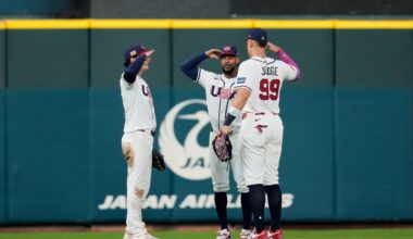 United States outfielders Roman Anthony, left to right, Byron Buxton and Aaron Judge celebrate after the team's victory over Mexico in a World Baseball Classic game, Monday, March 9, 2026, in Houston. (AP Photo/Ashley Landis)