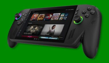 A ROG Xbox Ally X floats against a green background.