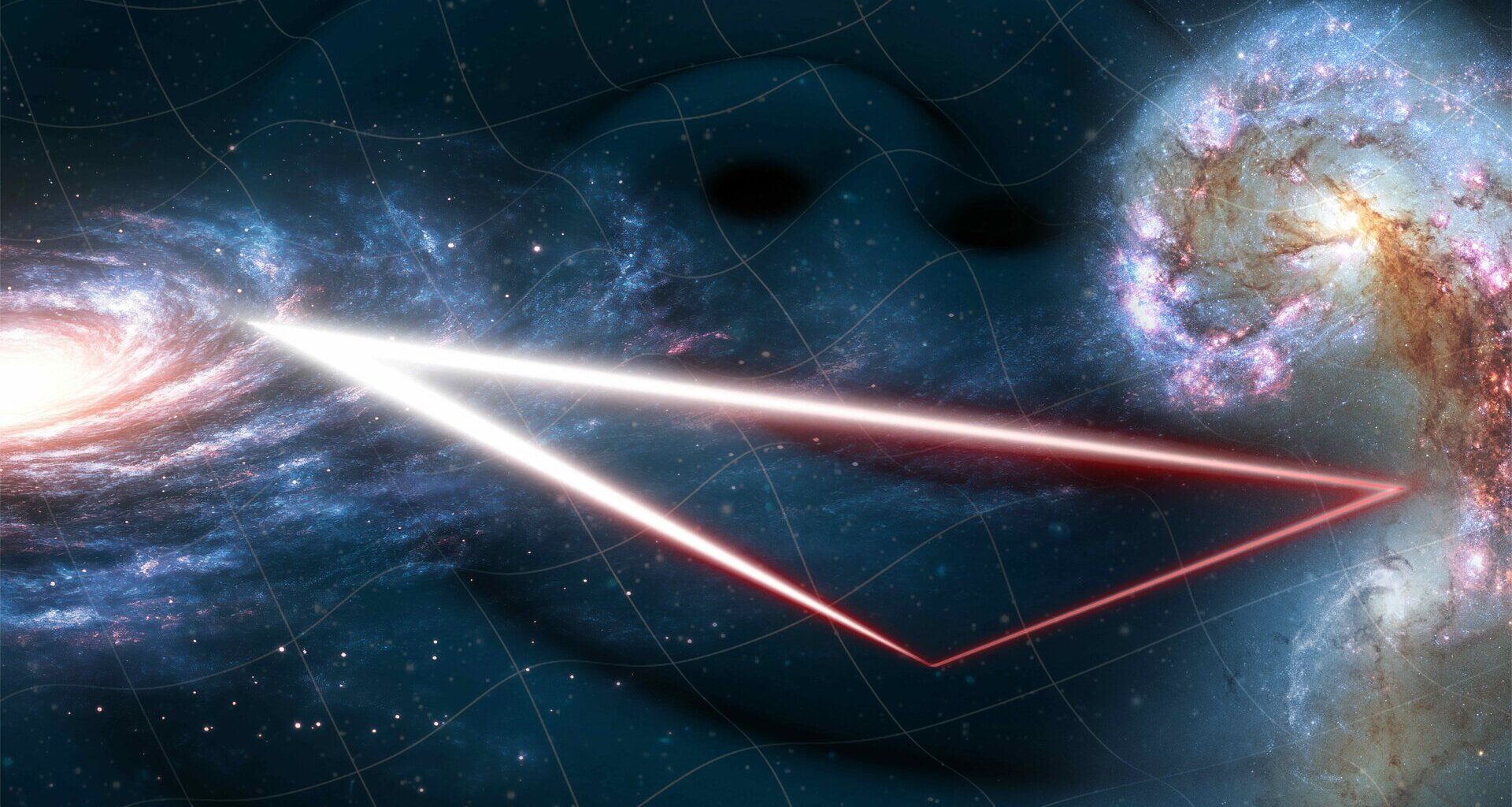 An illustration showing a spiral galaxy on the left of the image and a swirl of gas and stars on the right connected by a triangle of red laser light