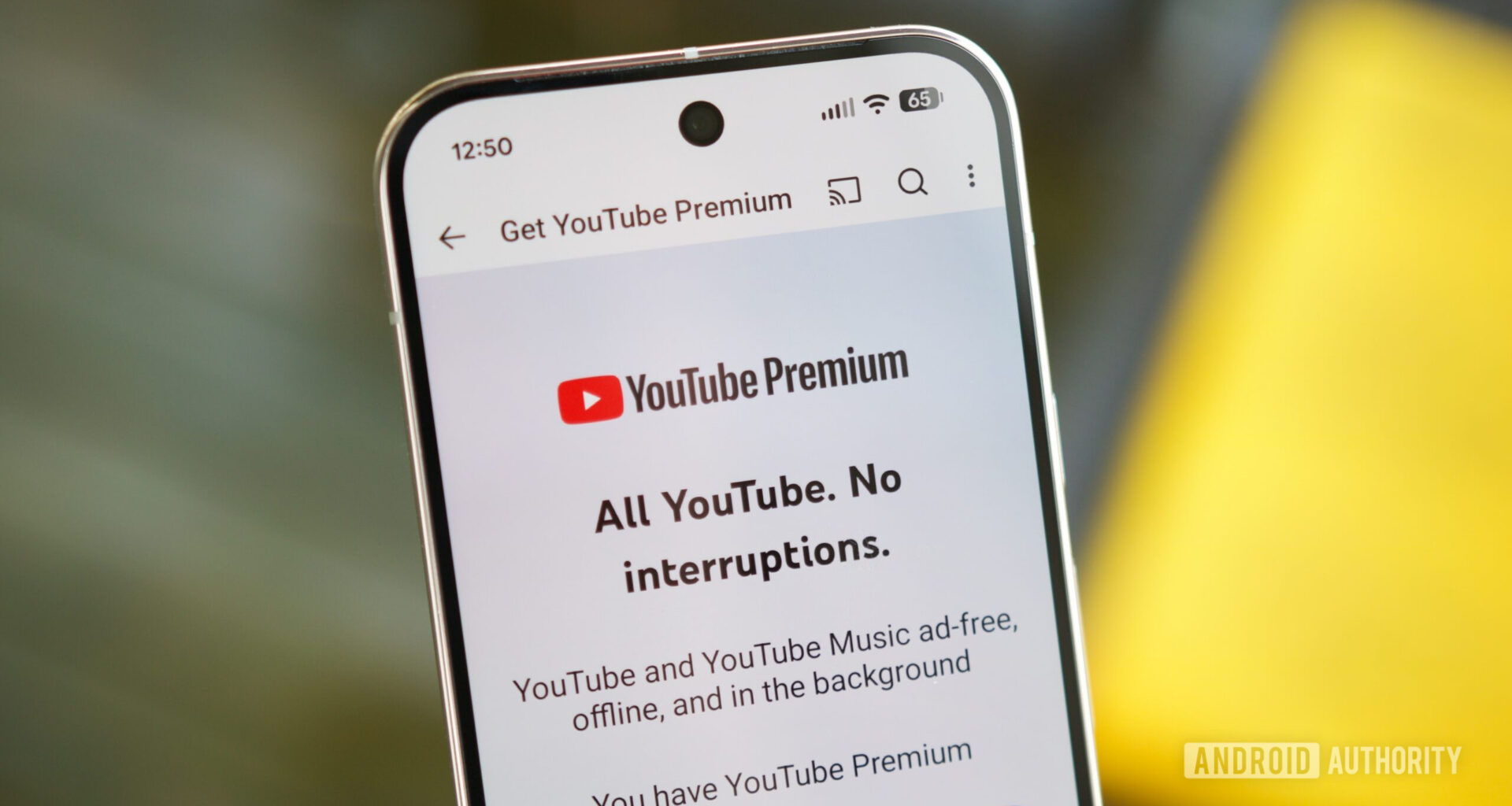 YouTube Premium landing page on the YouTube app.