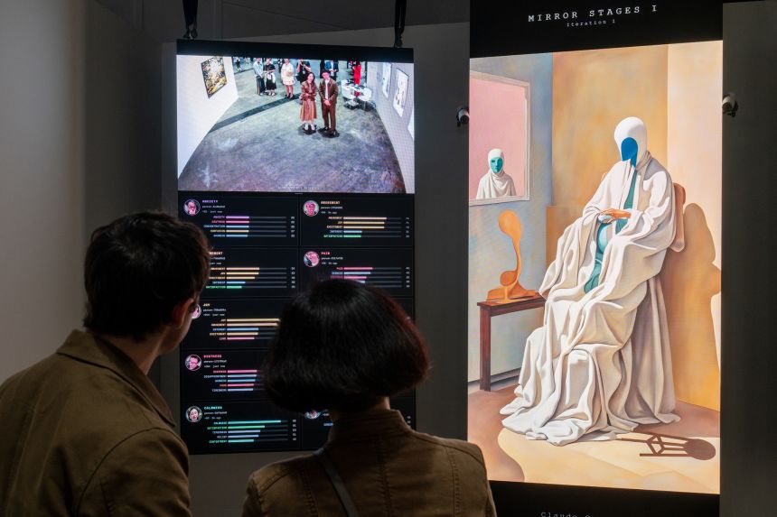 On the left, what Botto “sees” of fair visitors. On the right, a seed image that will be transformed.