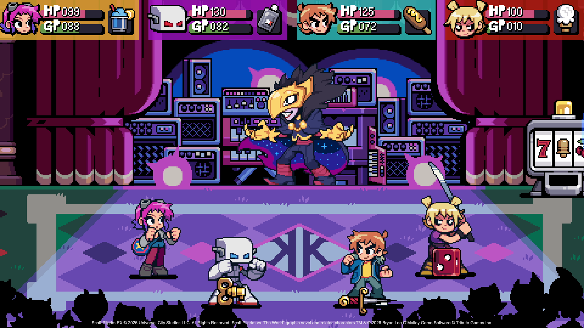 A press still for Scott Pilgrim EX showing four characters (Ramona, Robot-01, Scott and Roxie) in the boss arena for the Phantom Twin boss fight