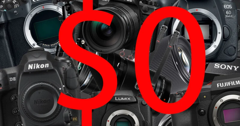 A collage of various professional cameras from brands like Nikon, Canon, Sony, Fujifilm, and Lumix, with a large red dollar sign and zero ($0) overlaid across the image.