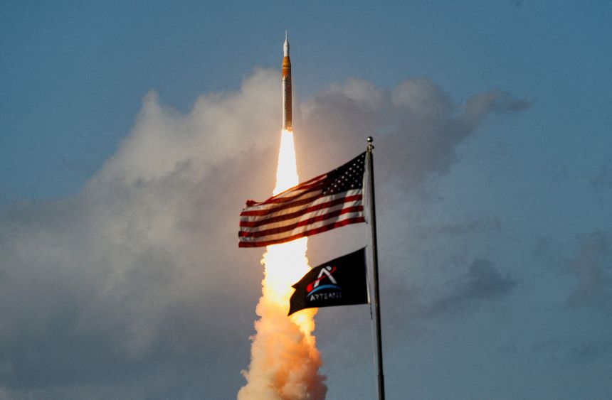 The Artemis II mission’s Space Launch System rocket with the Orion crew capsule lifts off from Kennedy Space Center in Florida, on April 1.