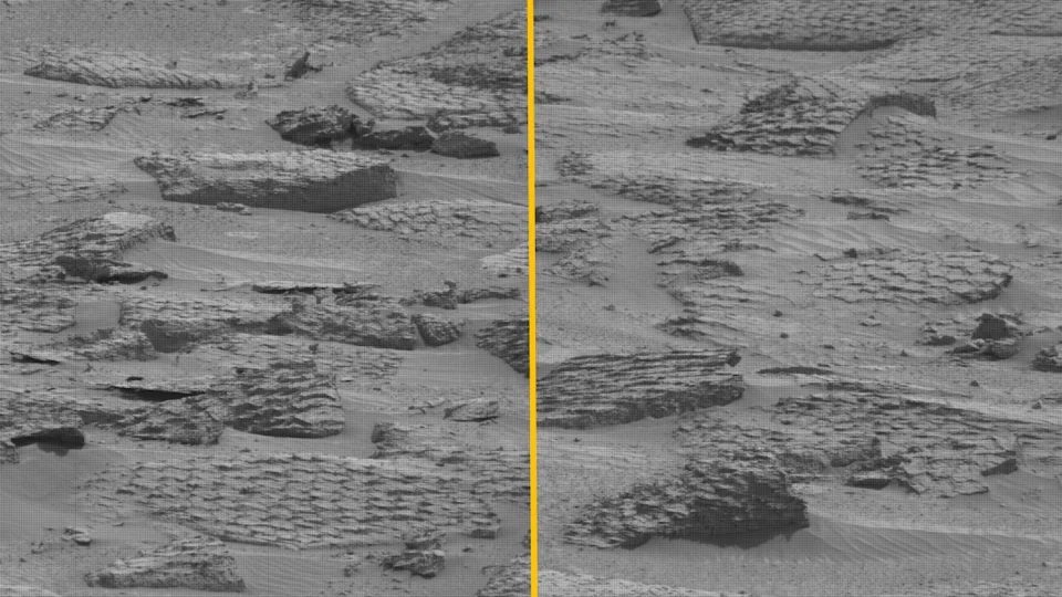 Side-by-side black and white photos of polygon covered rocks on Mars that look like giant reptile scales