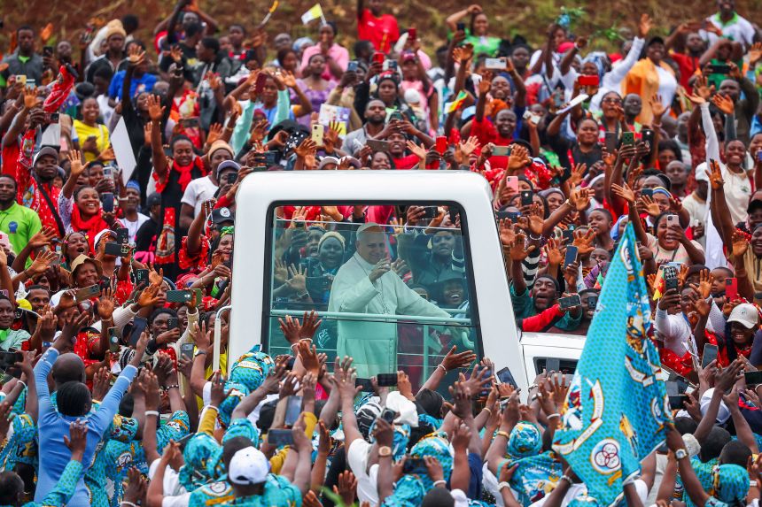 Pope Leo XIV arrives for a Mass in Bamenda, Cameroon, on Thursday, April 16.