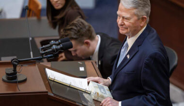 Gov. Brad Little gives the State of the State address at the Idaho Capitol on Jan. 12. (Credit: Sarah A. Miller, Idaho Statesman)