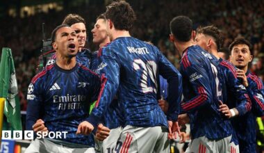 Arsenal's Kai Havertz celebrates scoring a goal against Sporting in the Champions League quarter-sinal first leg