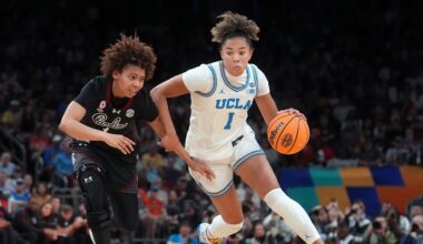 UCLA Bruins guard Kiki Rice (1) drives past South Carolina Gamecocks guard Maddy McDaniel (1) during the NCAA women's basketball national championship at Mortgage Matchup Center in Phoenix on April 5, 2026.