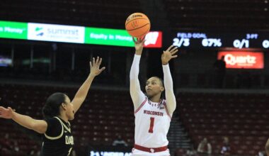 Wisconsin's Destiny Howell takes a shot during the first quarter of the season opener versus Oakland Wednesday Nov. 5, 2025 at the Kohl Center in Madison, Wis.