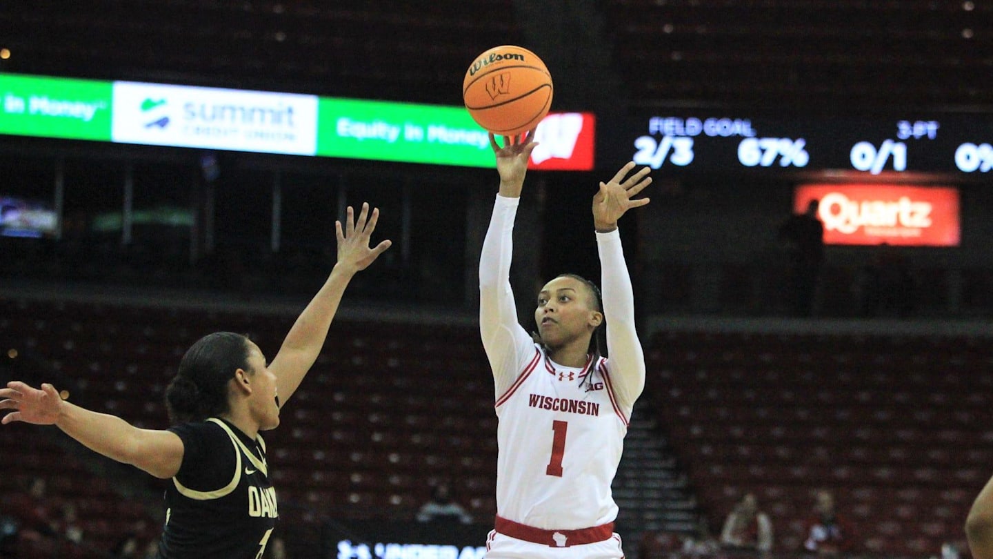 Wisconsin's Destiny Howell takes a shot during the first quarter of the season opener versus Oakland Wednesday Nov. 5, 2025 at the Kohl Center in Madison, Wis.
