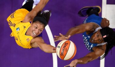 Oct 14, 2016; Los Angeles, CA, USA; Los Angeles Sparks forward Candace Parker (3) and Minnesota Lynx center Sylvia Fowles (34) reach for a rebound in the second quarter of game three of the WNBA Finals. at Staples Center. Mandatory Credit: Jayne Kamin-Oncea-Imagn Images