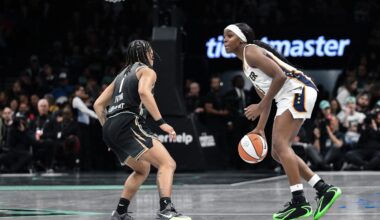 Apr 25, 2026; Brooklyn, NY, USA; Indiana Fever guard Raven Johnson (3) sets the play while defended by New York Liberty guard Ny'ceara Pryor (1) during the first half at Barclays Center. Mandatory Credit: John Jones-Imagn Images