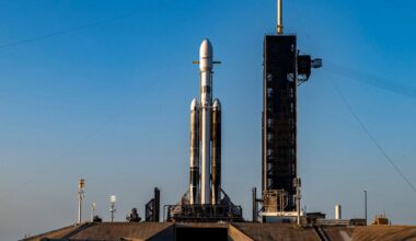 The rarely seen Falcon Heavy is expected to send up the ViaSat-3 F3 mission from the Kennedy Space Center’s Launch Complex 39A. (SpaceX)