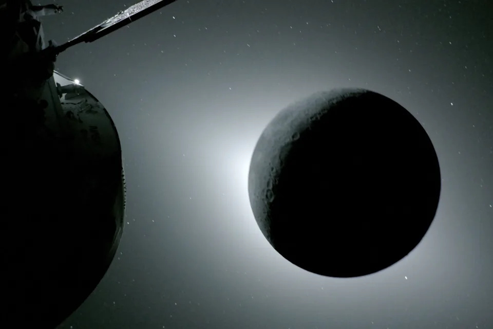 The Moon is backlit by the Sun during a solar eclipse on 6 April, 2026, as seen from the Orion spacecraft (NASA)