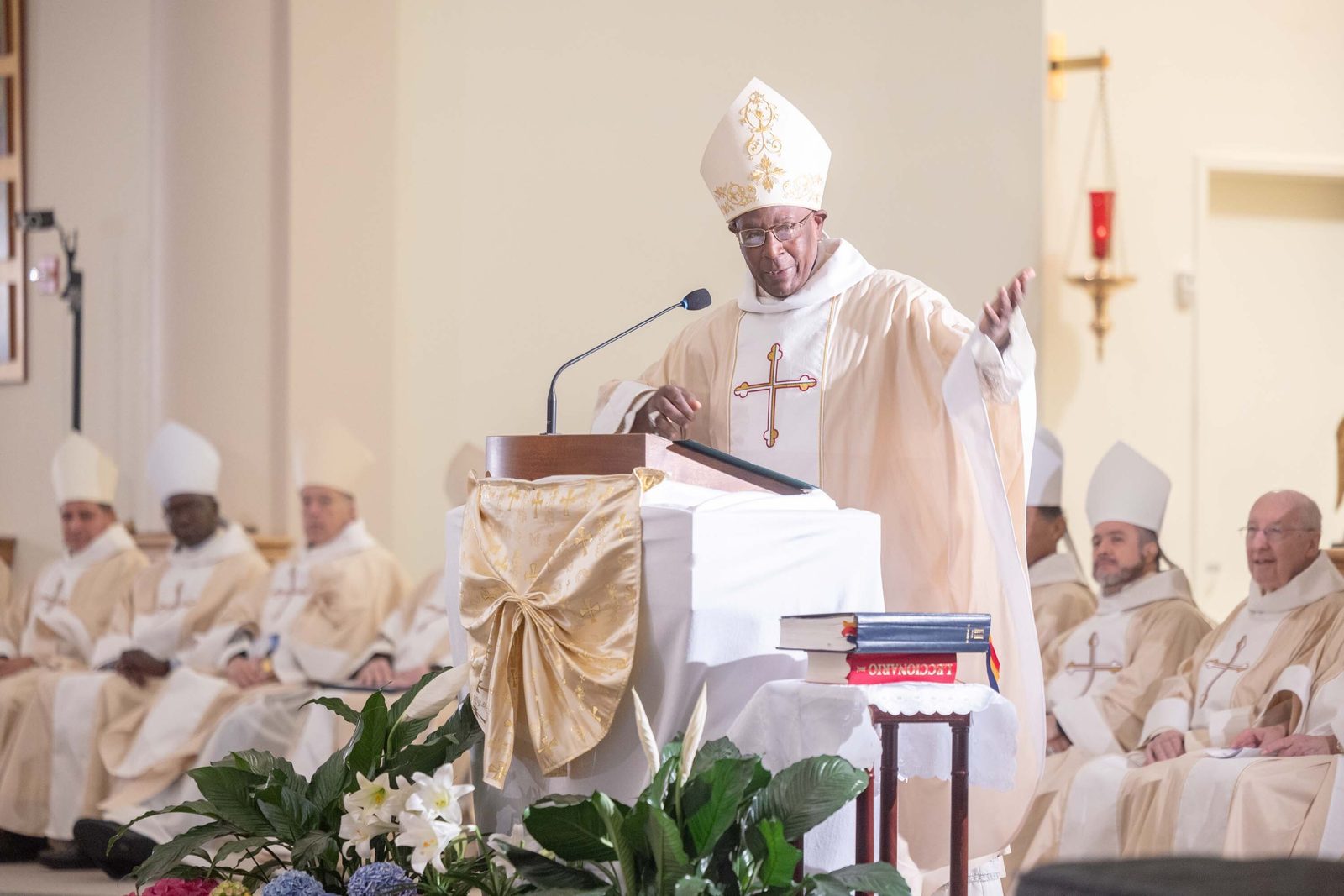 Bishop Jerome Feudjio of the Diocese of St. Thomas in the U.S. Virgin Islands speaks during a Mass of Thanksgiving at St. Joseph Catholic Church in Beltsville, Maryland, on April 17, 2026 that commemorated the bishop’s 70th birthday and his fifth anniversary leading that diocese. (Catholic Standard photo by Mihoko Owada)