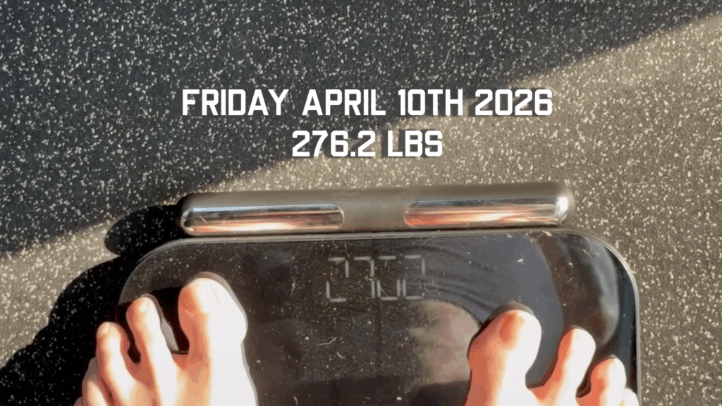 Jelly Roll's toes are visible as he stands on the scale, measuring his weight at 276.2 pounds on April 10, 2026.