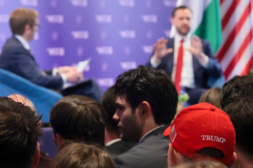 A young, Trump-friendly audience at the Mathias Corvinus Collegium in Budapest listen to Vance's remarks.