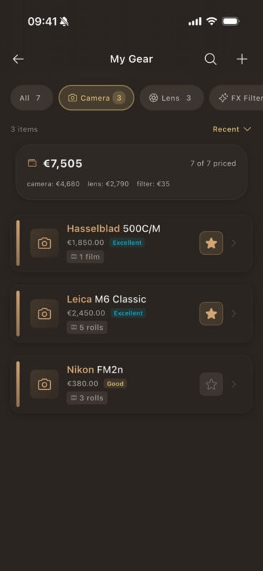 A screenshot of a gear management app showing a list of cameras: Hasselblad 500C/M, Leica M6 Classic, and Nikon FM2n, with prices, ratings, and amount of film associated with each. The total camera value is €7,505.