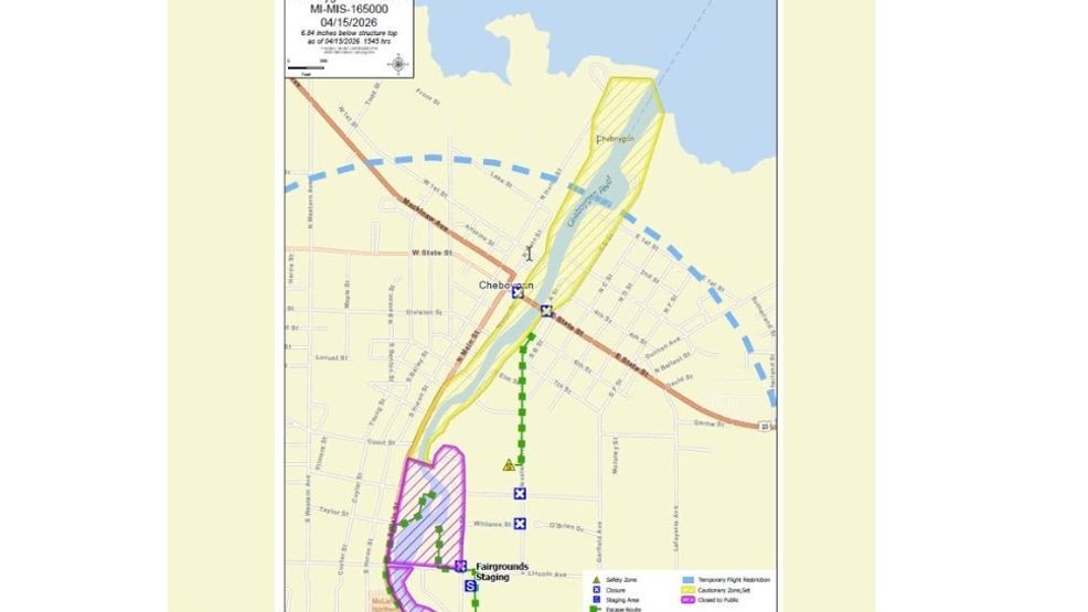 The evacuation area is highlighted in yellow. (Cheboygan Co Sheriff)