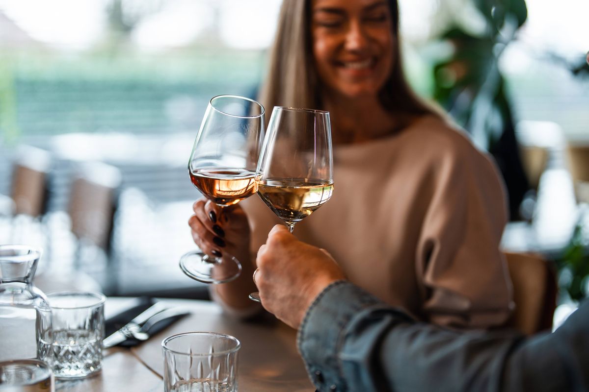 Caucasian couple toasting glasses of wine at a restaurant table, enjoying a relaxed dining experience. The setting casual and intimate, with a focus on leisure and enjoyment.