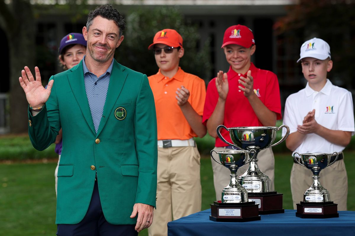 AUGUSTA, GEORGIA - APRIL 05: Masters Champion Rory McIlroy poses with reacts during the Drive, Chip and Putt Championship at Augusta National Golf Club on April 05, 2026 in Augusta, Georgia. (Photo by Maddie Meyer/Getty Images)