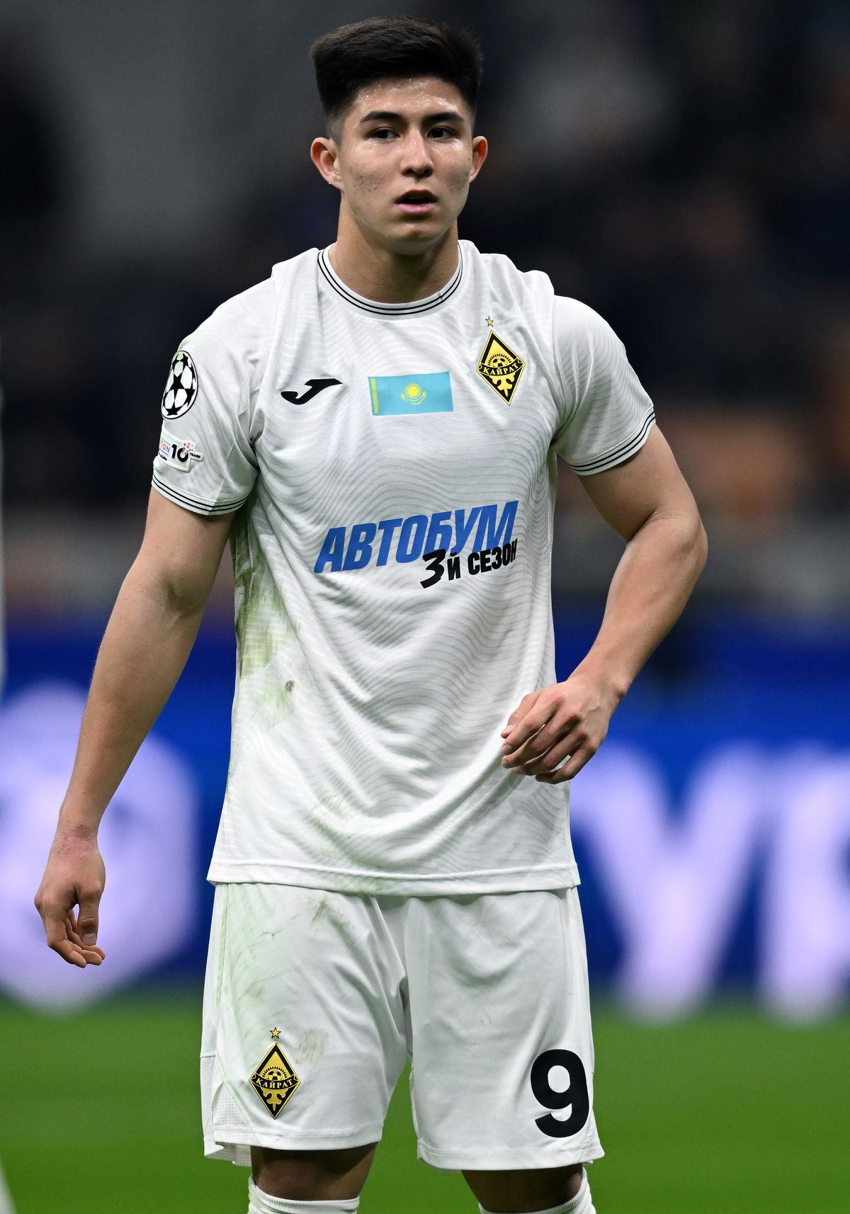 Dastan Satpayev of Kayrat Almaty looks during the UEFA Champions League 2025/26 League Phase MD4 match between FC Internazionale Milano and FC Kairat Almaty at Stadio San Siro on November 05, 2025 in Milan, Italy.