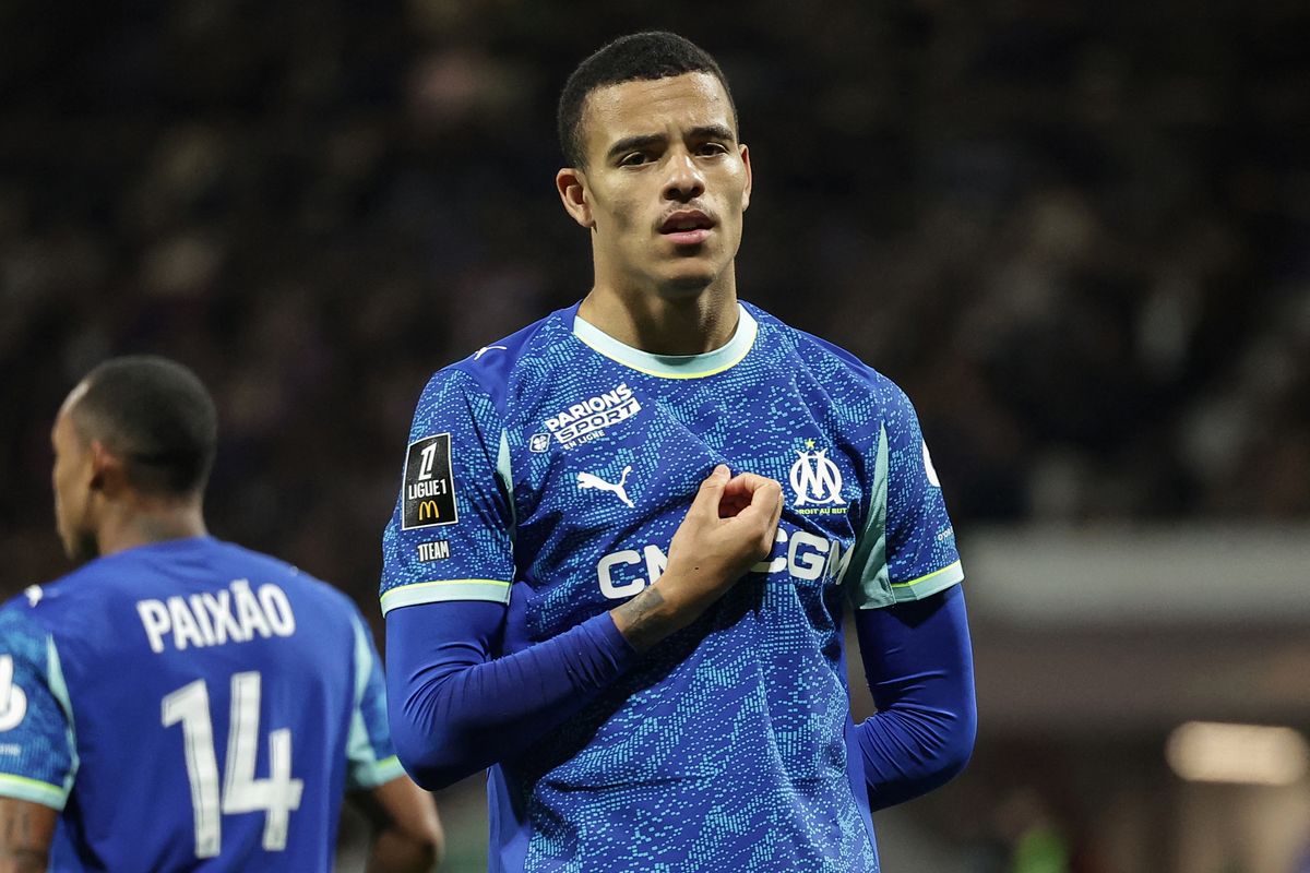 Marseille's English forward #10 Mason Greenwood gestures after scoring his team first goal during the French L1 football match between Toulouse FC and Olympique de Marseille (OM) at the TFC Stadium in Toulouse, southwestern France, on March 7, 2026.