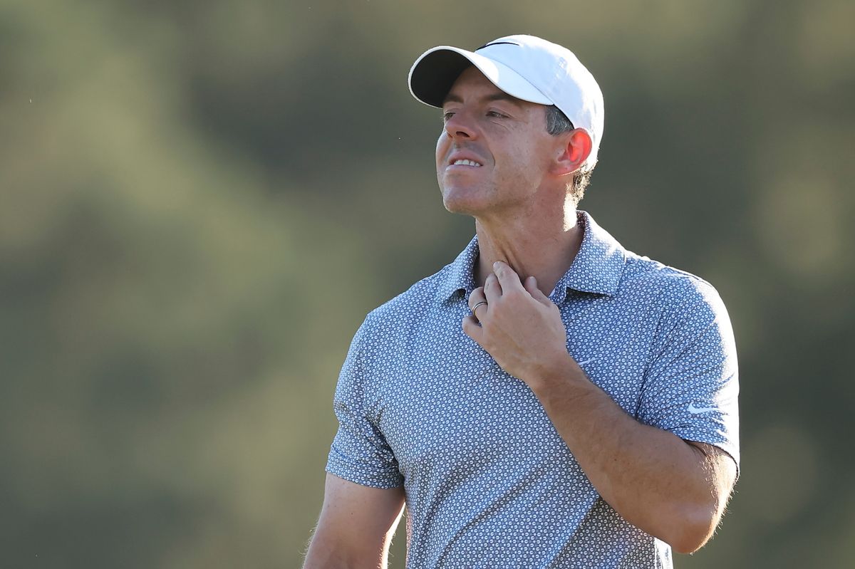 Rory McIlroy of Northern Ireland reacts on the 17th green during the third round of the 2026 Masters Tournament