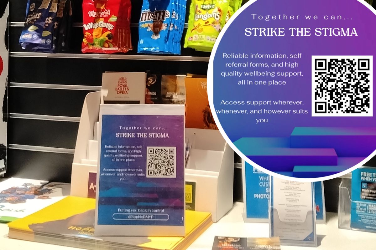 The QR code (inset) which links to Sophie Bloomfield's website is on display at the Regent Cinema