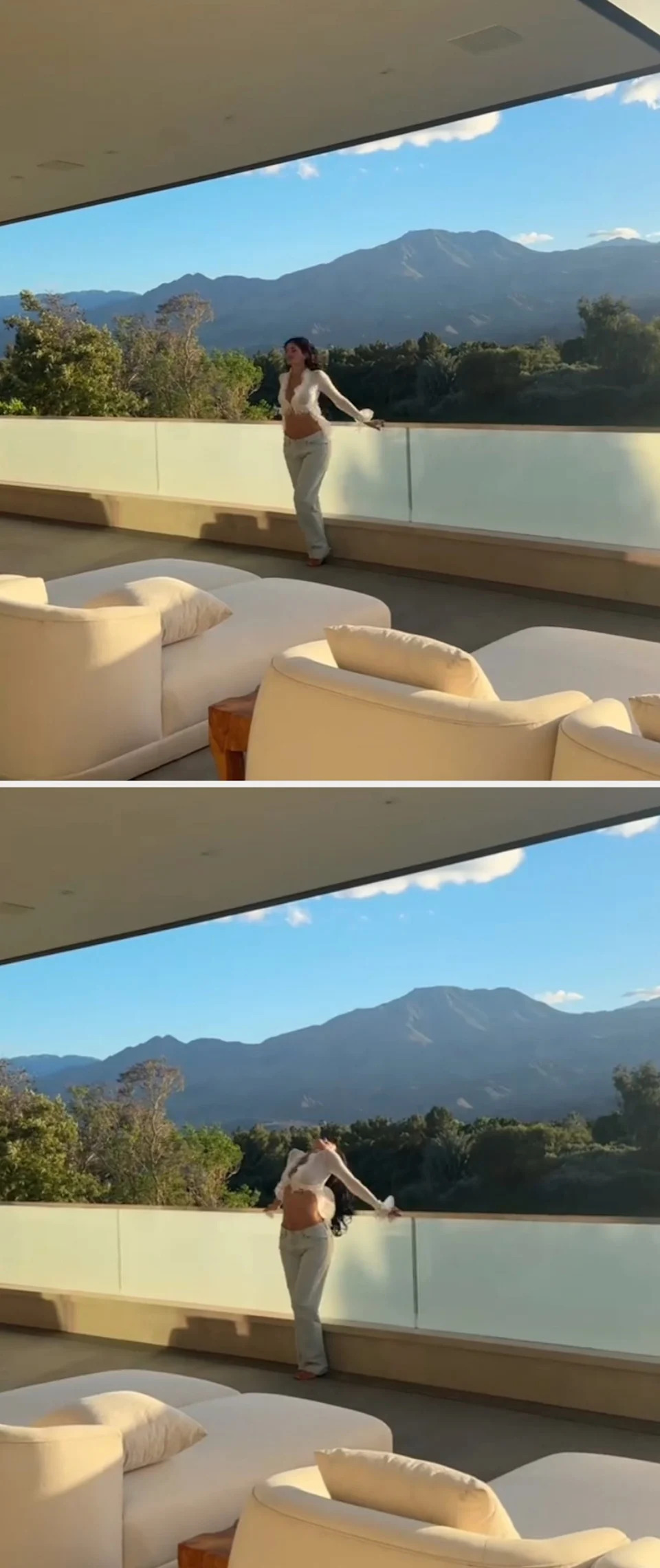 Kylie Jenner poses on a balcony overlooking scenic mountain views
