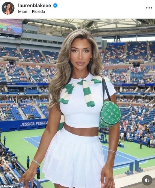 This since-deleted Instagram post from Lauren Blake shows an ostensibly doctored photo. While the post is geolocated at the Miami Open, the picture's background appears to be the US Open in Queens. The picture also includes a body and outfit nearly identical to the 2024 photo