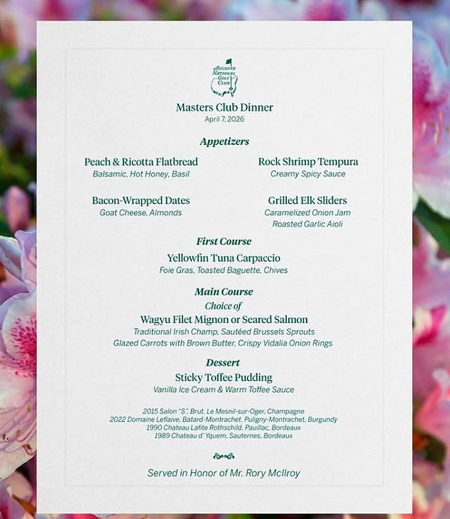 Rory McIlroy's menu for this year's dinner - which he will have to pick up the entire tab for