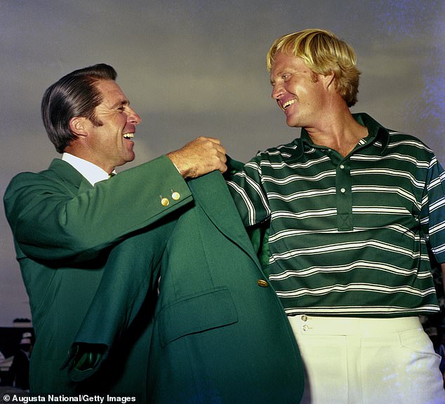 Gary Player (left) won three Green Jackets, but keeps himself to himself rather than gatecrash the likes of Nicklaus (right)
