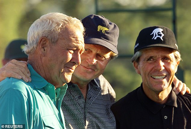Palmer (left) won four Green Jackets, bettered only by Nicklaus (centre, six) and Woods (five) - but one request at a champions dinner put him in Langer's bad books