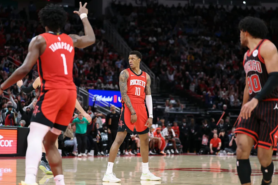 Jan 13, 2026; Houston, Texas, USA; Houston Rockets forward Jabari Smith Jr. (10) reacts after making a basket during the fourth quarter against the Chicago Bulls at Toyota Center. Mandatory Credit: Troy Taormina-Imagn Images