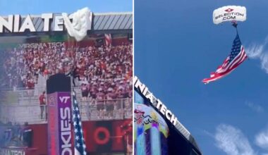 Parachuter slams into Virginia Tech scoreboard — jarring crowd and delaying football game