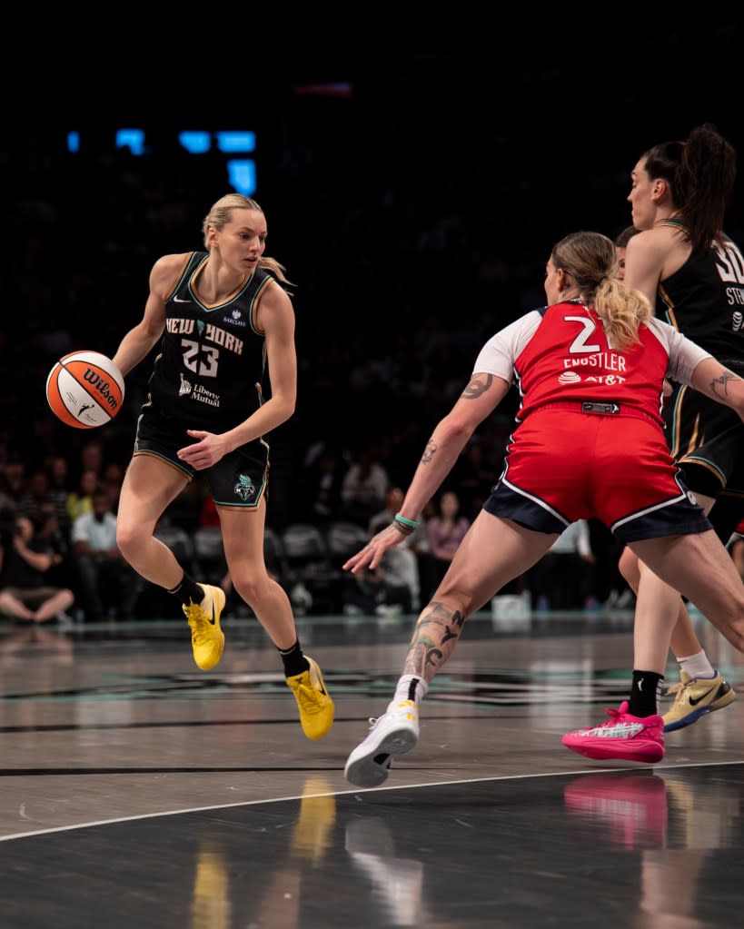 The Liberty’s Marine Johannes handles the ball against the Mystic’s Emily Engstler during a regular season matchup at Barclays Center in 2025. Michelle Farsi/New York Post